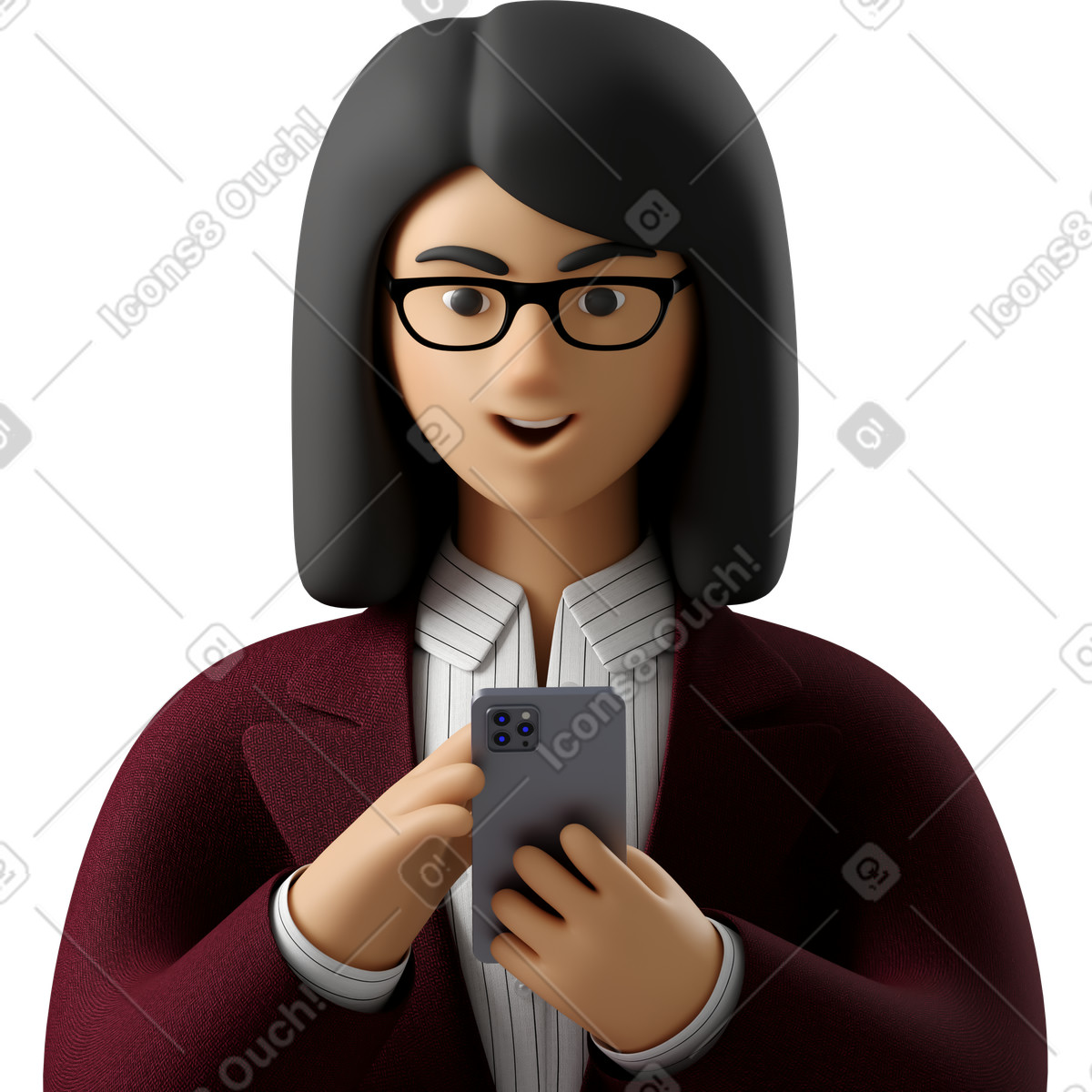 Illustration Close up of businesswoman in red suit looking at phone dans le style 3D Business à télécharger aux formats PNG, SVG