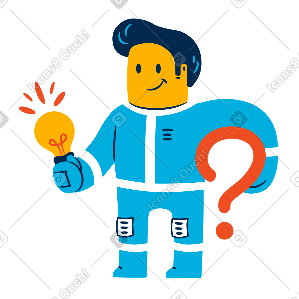 Mann hält eine glühbirne und ein fragezeichen in den händen-Illustration im Flame-Stil als Download PNG, SVG