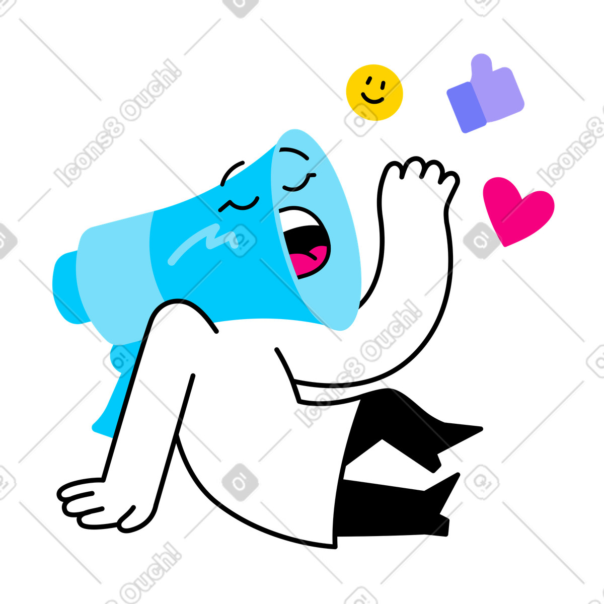 Ilustración Personaje con cabeza de megáfono haciendo marketing en estilo Giggle a descargar en PNG y SVG