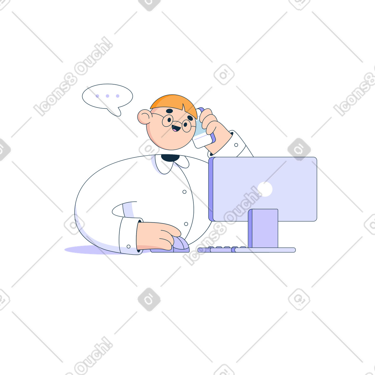 Mann arbeitet an einem computer und telefoniert-Illustration im Bubble gum-Stil als Download in PNG, SVG