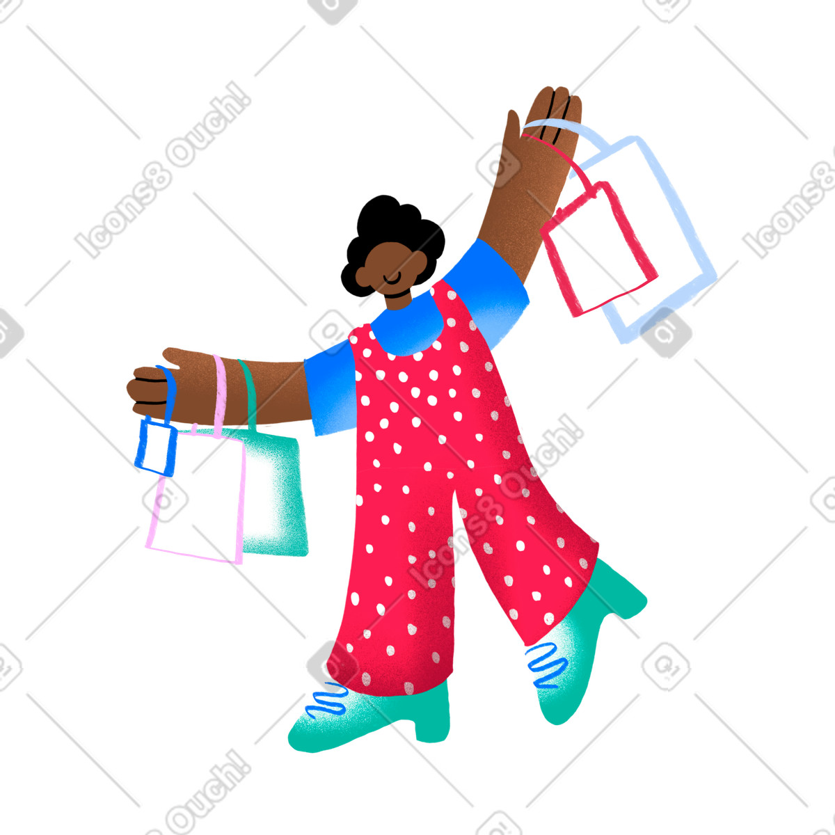 Happy shopper carrying purchases, retail therapy illustration in Bonny style download in PNG, SVG