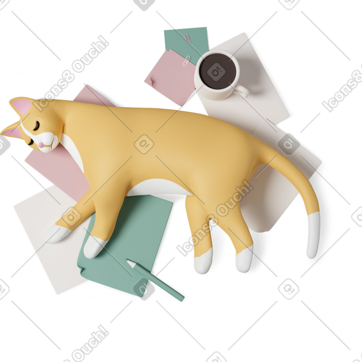 3D Casual life 스타일의 Cat lies on document 일러스트레이션 PNG, SVG 다운로드