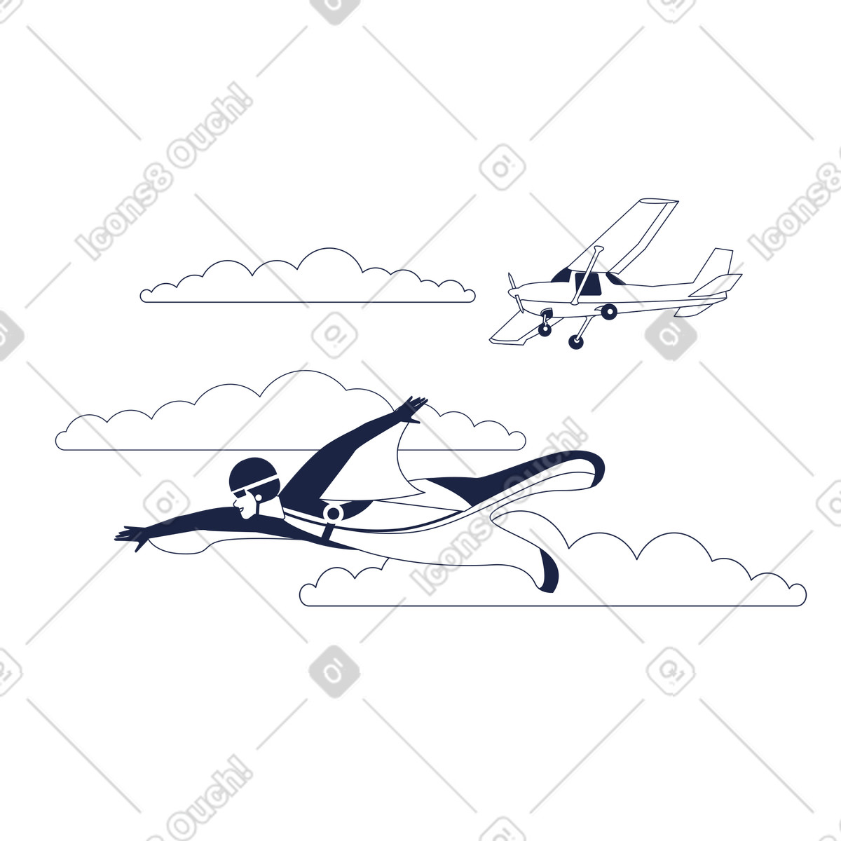 Skydiver flying next to plane, Logged out or exit illustration in Urban Line style download in PNG, SVG