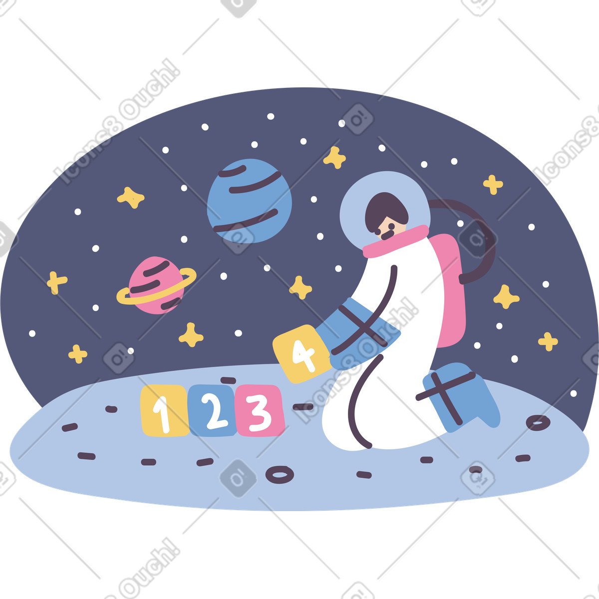 Astronaut placing counting blocks, Space exploration and learning illustration in Pluto style download in PNG, SVG