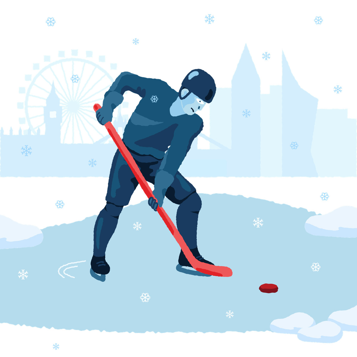 Illustration Man playing hockey on a frozen lake dans le style Cherry à télécharger aux formats PNG, SVG