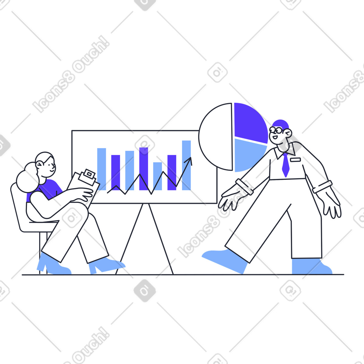 Mitarbeiter halten präsentation mit statistiken animierte Illustration im Pablita-Stil als Download in GIF, Lottie (JSON), AE