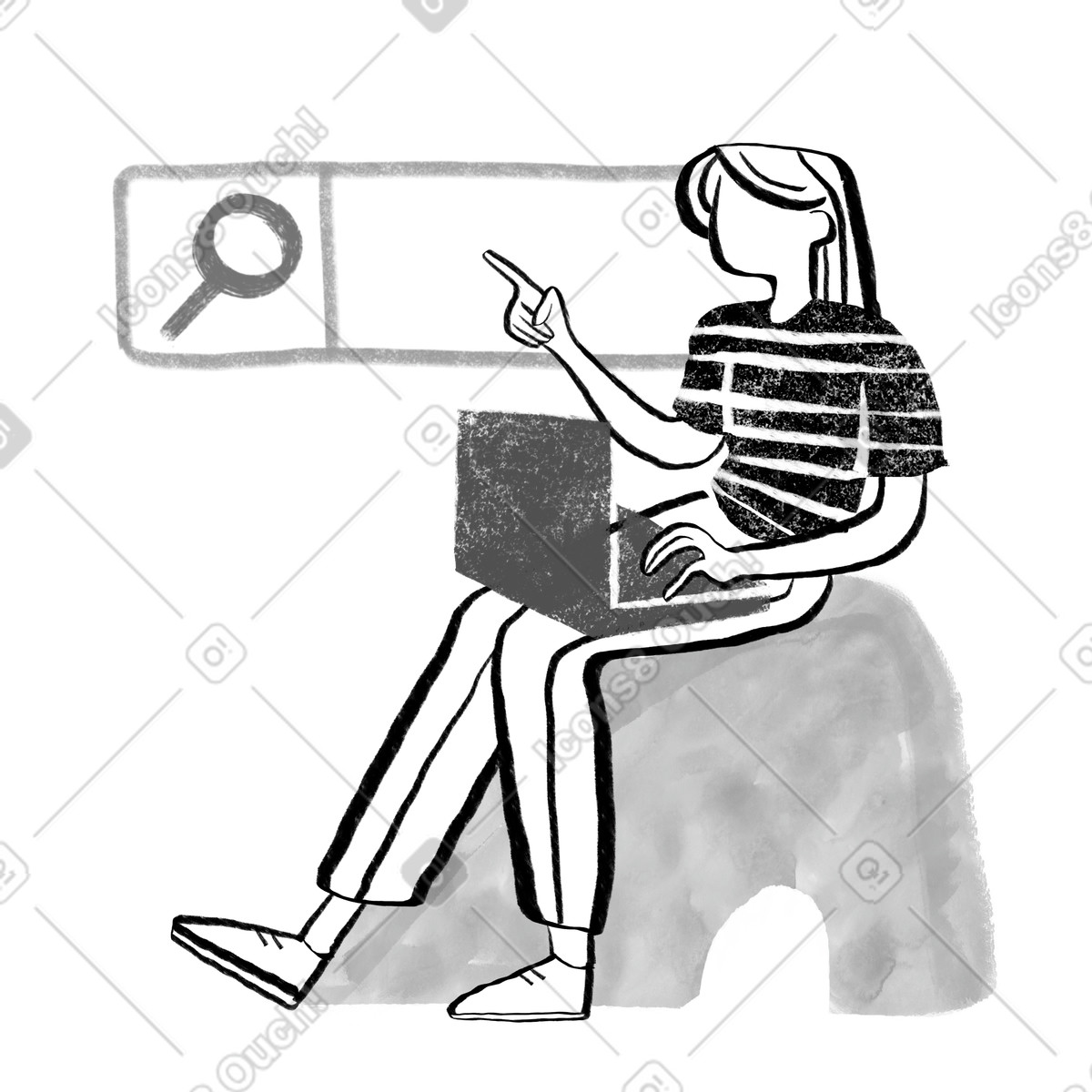 Illustration Femme noire et blanche avec de longs cheveux recherchant sur un ordinateur portable dans le style Company à télécharger aux formats PNG, SVG
