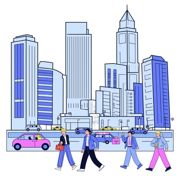 A financial district with multiple towering skyscrapers made of glass and steel. The buildings vary in height, with some having sharp angles and others with rounded edges. Busy streets below are filled with people wearing suits, carrying briefcases, and hurrying along the sidewalks. Some cars and buses are visible on the road, creating a sense of movement. The sky above is clear, and the sun casts shadows from the buildings onto the streets.