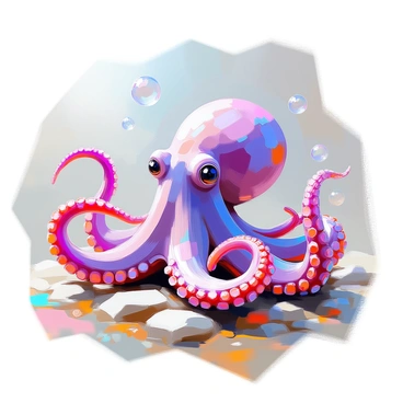 An octopus with vibrant colors, featuring deep blues and purples, is playfully rearranging its tentacles to form a nose-like shape. The tentacles are curled and twisted, creating a whimsical appearance. The creature is positioned on a rocky seabed, surrounded by small pebbles and bits of coral. Bubbles rise around it, adding to the playful atmosphere of the scene. The octopus's large, curious eyes are focused on its own transformation, highlighting its intelligent and playful nature.