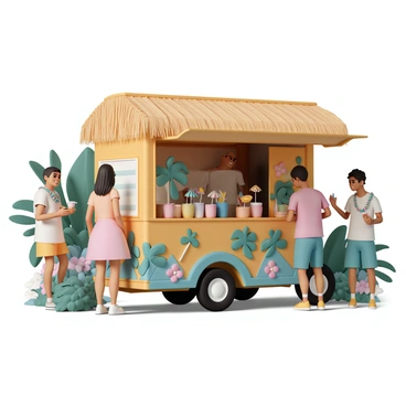 A colorful tiki-themed truck, featuring a vibrant design with tropical patterns and palm trees. The truck has a thatched-roof overhead, creating a shaded area for customers. There are several brightly colored rum cocktails displayed on a wooden counter, garnished with fruit slices and paper umbrellas. Festival-goers, wearing tropical shirts and leis, are gathered around the truck, smiling and chatting. Lush green foliage and colorful flowers surround the scene, enhancing the tropical ambiance.