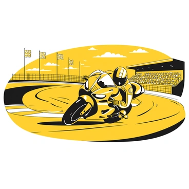 A Kawasaki motorcycle is racing on a professional track, leaning into a sharp turn with the rider in a racing suit and helmet. The bike features distinct branding and design elements, while the rider's body is positioned low for aerodynamic efficiency. The background shows a racetrack with checkered flags and grandstands filled with spectators. Motion lines blur behind the motorcycle, emphasizing its high speed as it accelerates down the track. The surface of the track is smooth with tire marks visible, creating a dynamic scene of racing action.