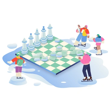 A frozen chessboard is set on a shimmering ice surface, reflecting light in a dazzling array of colors. The chess pieces are intricately designed, with clear and frosted glass elements, standing at attention on the board. Nearby, several skaters glide gracefully across the ice, dressed in vibrant winter clothing. Some skaters perform intricate moves, while others enjoy a leisurely pace. The scene captures the contrast between the static chessboard and the dynamic motion of the skaters, all surrounded by a crisp, wintry atmosphere.