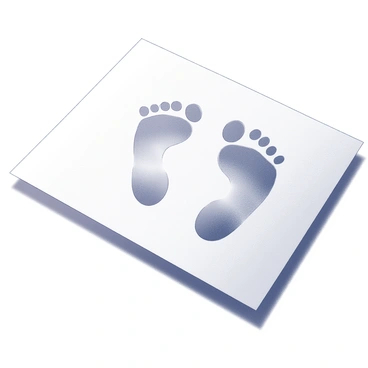 A piece of paper lies flat on a surface, displaying a heart shape formed by several baby footprints. Each footprint is small, with delicate details such as tiny toes and soft edges. The footprints are oriented in a way that they curve around to create the shape of a heart, connecting at the bottom point. The background is plain, emphasizing the tender heart shape made by the footprints on the paper.