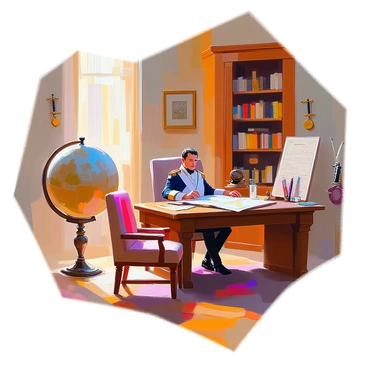 A historical scene depicting "Napoleon Bonaparte" seated at a sturdy wooden desk in his study. He has a focused expression as he reviews a map spread out before him. The study is filled with "tall shelves lined with numerous books" and various "military memorabilia," including framed medals and ornate swords mounted on the walls. A plush armchair is positioned near the desk, and a large globe stands in one corner of the room, adding to the scholarly atmosphere. The lighting is warm and creates a sense of intimacy in the space.