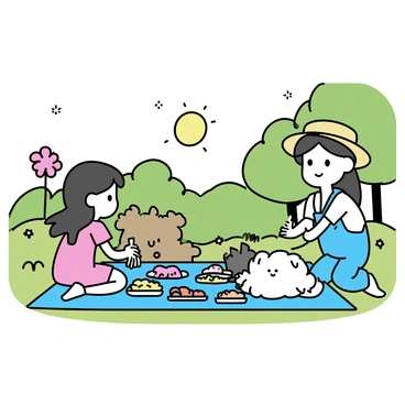 A group of animated friends from various Ghibli films enjoying a picnic in a beautiful park.
