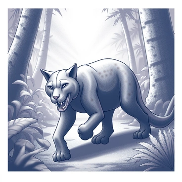 A saber-toothed cat is crouched low, muscles tense and ready to pounce. Its elongated canine teeth are prominently displayed, highlighting its fierce appearance. The cat's fur is thick, featuring a mix of patterns that blend with the surrounding foliage. The dense prehistoric jungle is filled with large, broad-leaved plants and towering trees, their trunks covered in textured bark. Sunlight filters through the thick canopy above, casting dappled shadows on the forest floor. Various ferns and shrubs surround the cat, providing a rich backdrop that emphasizes its predatory stance.