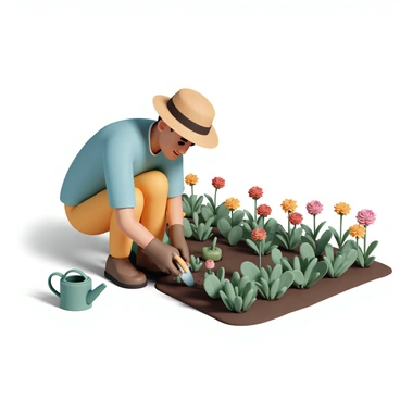 A man, wearing a straw hat, a light blue shirt, and brown gardening gloves, is kneeling on the ground while tending to his garden. He holds a small trowel in one hand and is planting a young tomato seedling in a patch of rich soil. Surrounding him are vibrant blooming flowers in various colors, including red roses and yellow daisies. Numerous green vegetable plants, such as lettuce and bell peppers, are growing in neat rows nearby. The sun is shining brightly, casting soft shadows on the ground, and a small watering can is placed beside him.