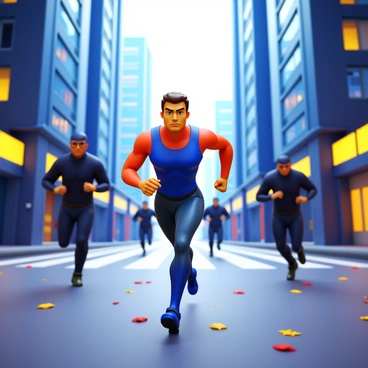 A dynamic scene depicting a hero in a sleek, athletic outfit, sprinting down vibrant city streets. The hero has a determined expression as they dodge obstacles. Shadowy figures can be seen pursuing them in the background, cloaked in dark attire and moving with an air of menace. Skyscrapers rise on either side, reflecting city lights, while the ground is adorned with scattered leaves and urban debris, adding a sense of movement and urgency. The atmosphere is charged with tension, highlighting the intensity of the chase.