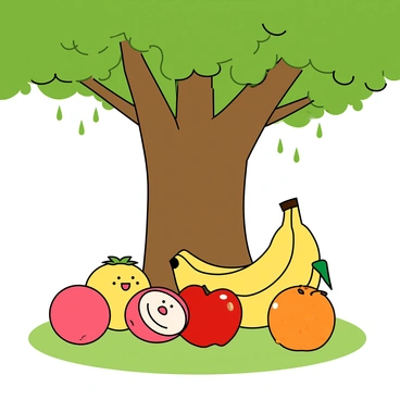 A group of animated fruits sitting together under a large green tree with a thick trunk and wide branches. The fruits include a smiling lychee with a bright pink rind, a cheerful banana with a sunny yellow peel, a round red apple with a glossy surface, and a playful orange with bumpy texture. Each fruit has expressive eyes and friendly faces, engaging with one another as they share stories. The ground is covered with soft green grass, and the tree's leaves create a sprinkle of dappled sunlight on the fruits, enhancing the jovial atmosphere of the scene.