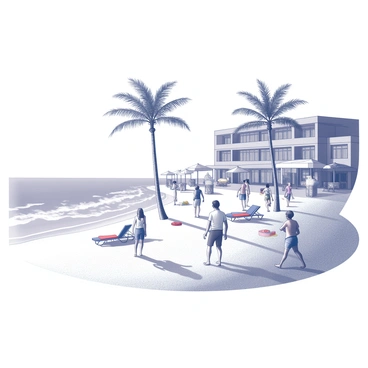 A sunny beachside resort with guests in vibrant, casual resort wear