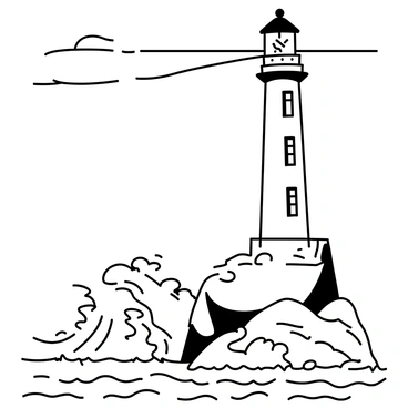 A tall lighthouse stands firmly on a rocky cliff, its structure detailed with windows and a balcony at the top. The light on top of the lighthouse is shining brightly, casting beams outward. Below, the ocean is depicted as turbulent, with high waves crashing against the rocks. The waves feature intricate patterns and foamy crests, suggesting a sense of chaos. The sky above is filled with clouds, adding to the dramatic atmosphere of the scene.