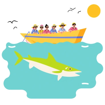 A group of five tourists on a colorful boat with bright blue accents, wearing sun hats and sunglasses, are leaning over the side with expressions of excitement. The ocean is a vibrant turquoise, dotted with gentle waves. Below the surface, a vivid, iridescent mahi-mahi leaps out of the water, showcasing its striking green and yellow colors. A few seagulls fly overhead, while the sun casts a warm glow over the scene, enhancing the joyful atmosphere of the moment.