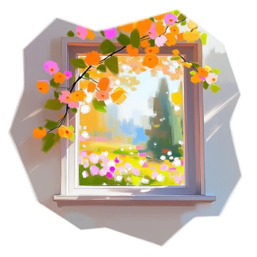 A wooden window frame adorned with vibrant honeysuckle flowers in various shades of yellow and pink, their tendrils delicately entwined around the edges. The window is open, revealing a breathtaking view into a lush garden filled with verdant greenery, colorful blooming flowers, and tall trees swaying gently in the breeze. Sunlight streams through the window, illuminating the flowers and casting soft shadows on the frame. The scene creates a sense of tranquility and connection to nature.