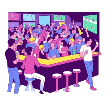 A vibrant scene inside a lively pub filled with excited fans. Groups of people are animatedly discussing the game, their faces lighting up with enthusiasm. Surrounding them, multiple screens display various sports events, illuminating the room with a mix of colors. Some fans are wearing team jerseys, while others hold drinks in their hands. The atmosphere is filled with laughter and shouts, creating a sense of camaraderie among the crowd. A yellow bar counter with stools is visible in the background, adding to the lively ambiance of the pub.