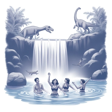 A group of four friends is swimming in a clear blue pool at the base of a tall waterfall. The waterfall cascades down rocky cliffs, creating a mist that rises into the air. The friends, wearing swimwear, are splashing water and laughing, enjoying the refreshing experience. In the background, several dinosaurs can be seen emerging from the lush greenery surrounding the waterfall. A large Brachiosaurus stretches its neck above the treetops, while a smaller Velociraptor darts among the rocks. The scene captures a sense of adventure and joy, with the dynamic interaction between nature and the playful group of friends.