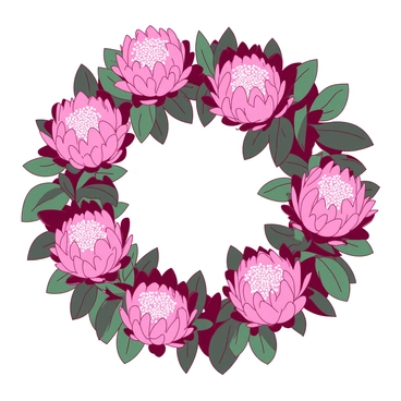 A circular decorative wreath is filled entirely with vibrant pink protea blooms surrounded by an arrangement of deep green leaves. The wreath is thick and lush, showcasing the unique texture of the protea petals and the glossy sheen of the leaves. The blooms are fully open, revealing their intricate structure, while the leaves are various shades of green, providing a rich contrast to the pink flowers. The wreath has an organic, natural shape, perfect for hanging on a door or wall.