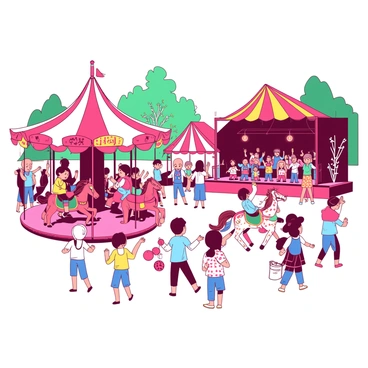 A vibrant spring festival scene is unfolding with people of various ages enjoying the festivities. In the foreground, a group of children is excitedly playing games at colorful booths, each adorned with bright banners. To the side, a large carousel is spinning, with children riding on intricately designed horses that are painted in different colors. In the background, a stage is set up for a performance, where a band is playing lively music. The audience is clapping and dancing along, adding to the festive atmosphere. The entire scene is filled with energy and joy, capturing the essence of a fun-filled spring celebration.