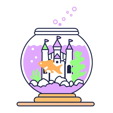 A classic round fishbowl sits on a wooden table. Inside the bowl, there is clear water with small bubbles rising to the surface. A single goldfish with flowing fins is swimming around a detailed castle decoration made of colorful materials, which is located at the center of the bowl. The castle has multiple towers and flags on top, creating an enchanting underwater scene. Surrounding the base of the castle, there are small decorative rocks and green aquatic plants swaying gently in the water.