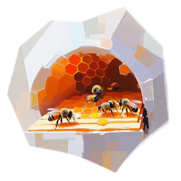A cross-section view of a bumblebee hive showcasing the intricate honeycomb structure. The hive is composed of hexagonal wax cells filled with golden honey, some cells open and overflowing with nectar. Several bumblebees are seen inside the hive, tending to the brood and collecting pollen. The surrounding walls of the hive are slightly textured, providing a sense of depth to the structure. The scene captures the organized chaos of the hive, with bees bustling around in various stages of activity.