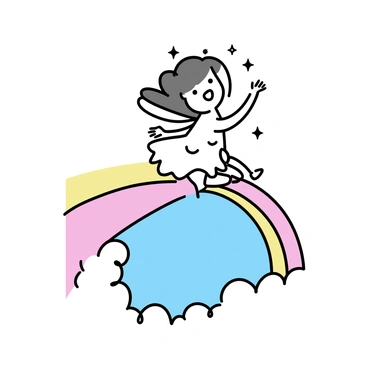 A tooth fairy, petite in stature with delicate wings that shimmer, is sliding down a vibrant rainbow. She has a joyful expression on her face, with her eyes wide and a bright smile. Her hair is long and flowing, adorned with tiny stars. Below her, the landscape is dotted with fluffy white clouds and a soft blue sky, enhancing the magical atmosphere.