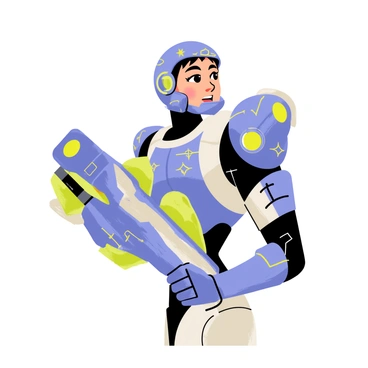 A detailed portrait of a popular "Overwatch" hero with distinctive features. The hero is wearing intricately designed armor that includes various shades of blue and silver, featuring glowing accents. Their helmet has a sleek design with a visor that reflects light. In one hand, they hold a unique weapon, which is large and adorned with technological elements, showcasing vibrant colors and intricate patterns. The background is simple to keep the focus on the hero, and their pose conveys strength and readiness for battle.