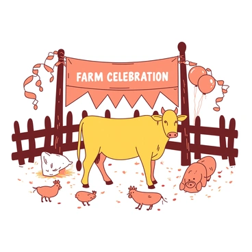 A yellow two-headed calf stands in the center of a farmyard, surrounded by colorful orange festive decorations. Streamers and balloons are hanging from nearby fences, and a large orange banner with the words "Farm Celebration" is draped across a wooden post. Various farm animals, including a few chickens and a pig, are playfully roaming nearby. The ground is littered with confetti and hay, adding to the festive atmosphere.