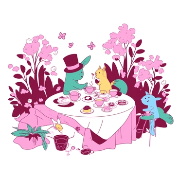 A pink garden filled with colorful flowers is the setting for a whimsical tea party. At the center, there is a large white tablecloth draped over a round table covered with an array of enchanted treats. Various talking animals are gathered around the table; a teal rabbit wearing a tiny top hat is pouring tea into delicate cups, while a yellow squirrel sits on a chair nibbling on a cookie. A pink bird is perched on the table, animatedly chatting with a blue fox who has a small slice of cake. Surrounding the scene are lush green plants and trees, with butterflies fluttering around, adding to the magical atmosphere of the garden.