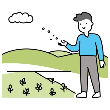 A sower, wearing a light blue shirt and brown trousers, is scattering seeds with his right hand across a green field. The field is dotted with small plants just beginning to sprout, showing bright green shoots breaking through the soil. The sky above is clear with a few fluffy white clouds, and in the distance, there are rolling hills. The sower looks focused on his task, and the sunlight casts soft shadows on the ground.