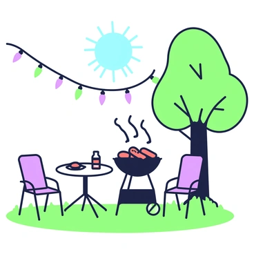 A backyard barbecue scene is set in a spacious area with grass underfoot. In the center, there is a grill with smoke billowing up unexpectedly, indicating that the food is overcooked. On the grill, charred sausages and burgers can be seen. A round table nearby is laid out with various picnic items, including plates, utensils, and a container of barbecue sauce. A couple of lawn chairs are positioned around the table, and in the background, a large tree provides shade. A bright blue sky is visible above, and there are decorative string lights hanging between the trees.