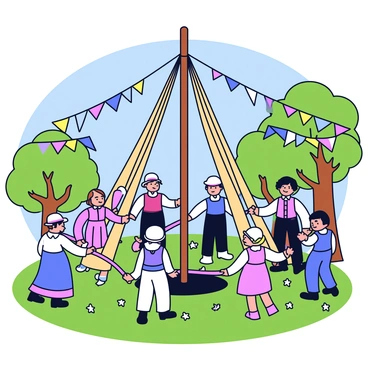 A detailed scene depicting a maypole celebration from the 1800s. In the center stands a tall, wooden maypole with colorful ribbons flowing down from the top. Surrounding the maypole, groups of children and adults are dressed in traditional 1800s attire, including bonnets and waistcoats. Some are holding the ends of the ribbons, ready to weave them around the pole. Green grass covers the ground and is dotted with flowers. In the background, there are trees with full foliage, and a vibrant blue sky overhead. Banners in cheerful colors are strung between the trees, adding to the festive atmosphere.