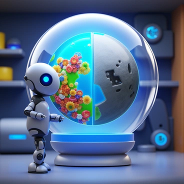 An AI robot with a sleek metallic body and glowing blue eyes is gazing into a crystal ball. The crystal ball displays two distinct scenes: on one side, a vibrant and harmonious world teeming with diverse people collaborating peacefully, while on the other side, a bleak and distorted world filled with division and misunderstanding. The robot stands in a thoughtful pose, reflecting the contrasting realities in the crystal ball. The background features a softly lit room filled with futuristic gadgets.