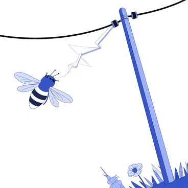 A buzzing bee is flying close to a power line. The bee has delicate wings that are slightly transparent, showcasing intricate patterns. The power line is thick and spans across the top of the image, with insulators attached. As the bee approaches, there is a bright spark where it comes into contact with the wire, creating a visible arc of electricity. The surrounding area is filled with details of grass and flowers, portraying the bee's natural habitat.