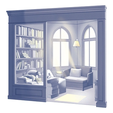 A quaint vintage bookshop with a charming exterior featuring wooden shelves filled with a variety of old books. Inside, a fluffy cat is lounging comfortably on a stack of weathered books, its eyes lazily closed. Soft, warm light spills from the tall, arched windows, illuminating dust motes floating in the air. There are intricate wooden beams on the ceiling and a cozy reading nook with a cushioned chair nearby, inviting patrons to sit and enjoy the ambiance.