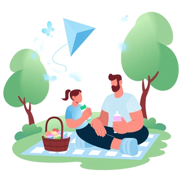 A father and child sitting on a checkered picnic blanket in a lush green park. The father is wearing a short-sleeve shirt and has a basket filled with fruits and sandwiches beside him. The child is holding a colorful juice box and wearing a vibrant t-shirt. Surrounding them are tall trees with dappled sunlight filtering through the leaves. A large kite is flying in the clear blue sky above them. A few butterflies are fluttering nearby, adding to the cheerful atmosphere of the scene.
