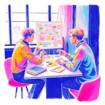 Erling Haaland is seated at a table, intently focused on a tactical board in front of him. He is wearing a training kit, showcasing his athletic build. Beside him is his coach, gesturing toward the board, which is filled with various player positions and strategies marked in colorful markers. The room is well-lit, with a large window allowing natural light to illuminate the scene. There are several notepads and a laptop scattered on the table, indicating an in-depth discussion. The atmosphere conveys concentration and teamwork.