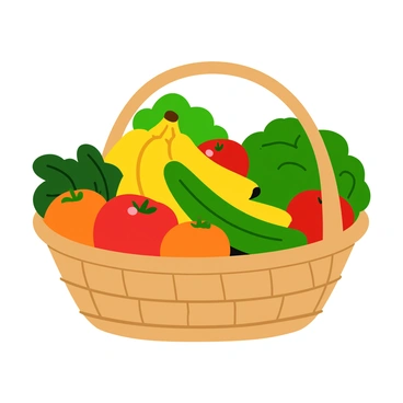 A woven basket filled with a variety of fresh fruits and vegetables. The basket contains shiny red apples, bright yellow bananas, and vibrant green cucumbers. Juicy oranges and plump tomatoes are interspersed among the produce. Lush leafy greens, such as spinach and kale, peek out from the top of the basket. The arrangement is colorful and bountiful, showcasing the freshness of the ingredients. The basket is placed on a wooden surface, adding a rustic touch to the scene.