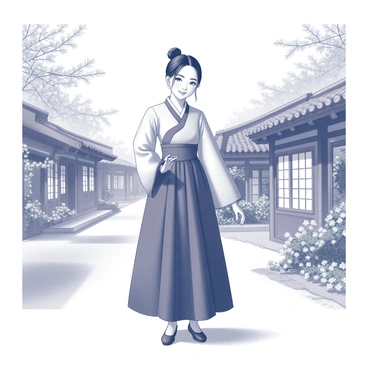 A young woman is dressed in a hanbok, which is characterized by its elegant lines and traditional silhouette. The hanbok features a full skirt and a fitted top, with intricate patterns adorning the fabric. She stands in a traditional Korean village, surrounded by hanok, which are traditional Korean houses made of wood with tiled roofs. The scene includes a narrow dirt path leading through the village, and there are blooming flowers and lush greenery framing the surroundings. The woman is smiling gently, holding a small traditional fan in one hand while her other hand rests gracefully at her side.