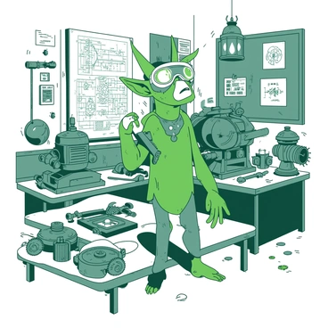 A green goblin with pointy ears and goggles perched on its forehead is standing in a cluttered workshop. The goblin holds a wrench in one hand, while the other hand gestures towards an assortment of bizarre contraptions scattered around. Various mechanical devices with gears and levers are positioned on wooden tables, and sheets of blueprints filled with intricate designs are pinned to the walls. The atmosphere is filled with tools, cogs, and a faint glow from a lit lantern hanging above.