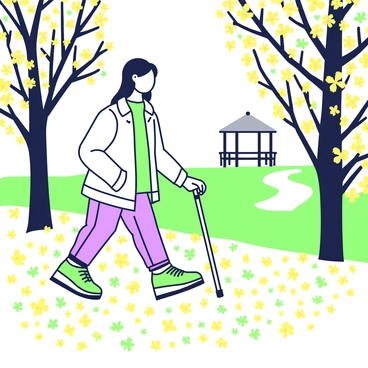 A person is walking through a park where the ground is covered in a thick layer of autumn leaves. They are using a white cane for support. The individual is wearing a light jacket and comfortable shoes. Surrounding them are trees with branches that are bare, yet some still have clusters of colorful leaves. In the background, there is a park bench partially obscured by the fallen leaves, and a path winding through the scene, leading to a distant gazebo. The daylight filters through the branches, casting soft shadows on the ground.