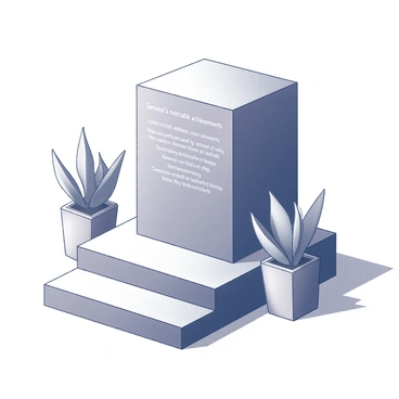 An elevated podium made of polished wood stands prominently in the foreground. The front of the podium features an engraved inscription detailing "Seneca's notable achievements." The text is engraved in an elegant font, showcasing key accomplishments such as his philosophical contributions and literary works. Surrounding the podium is a minimalist setting, with soft shadows extending from the base to create depth. The podium is flanked by two potted plants, adding a touch of greenery to the scene.